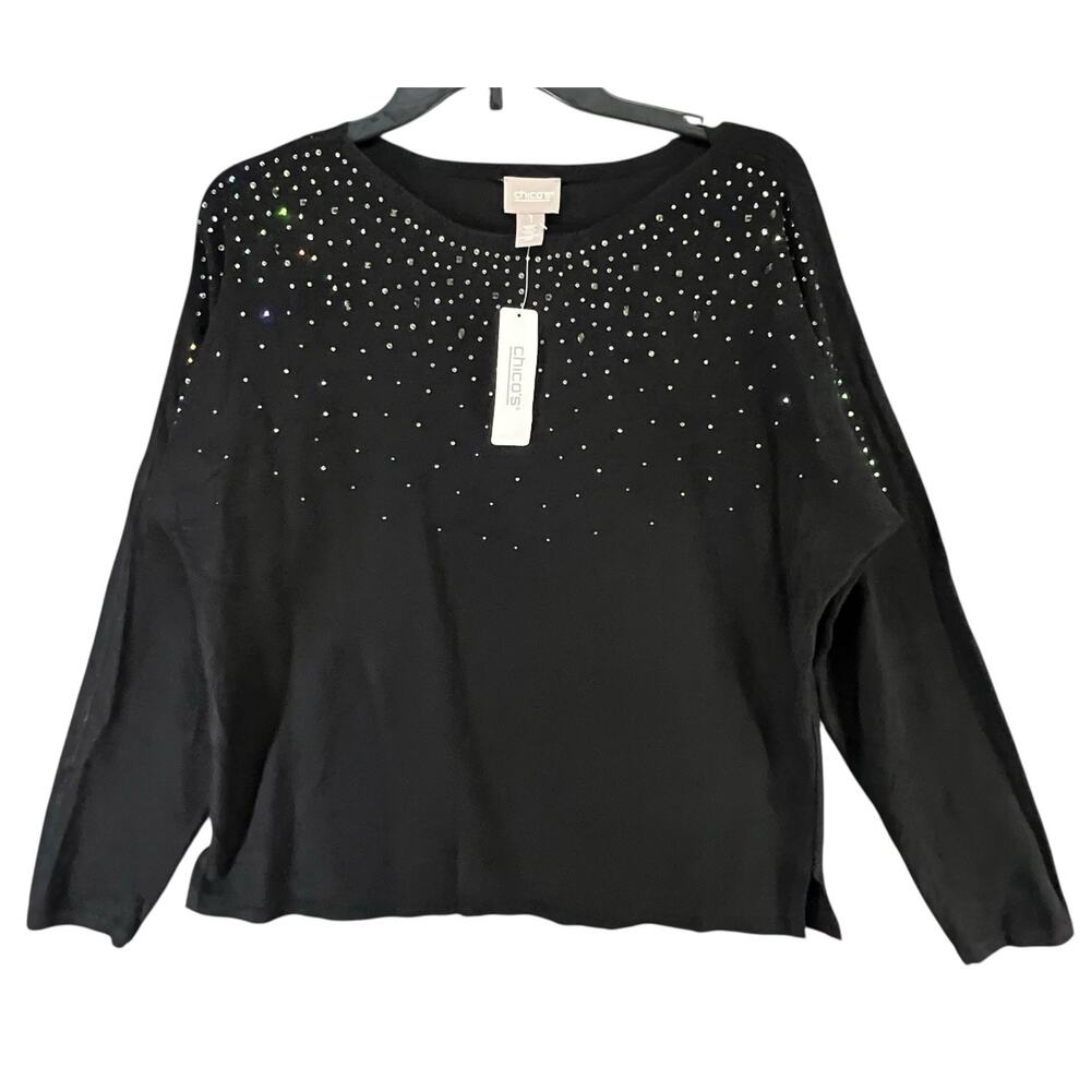 Chicos Sweater Womens M Black Sparkle Embellished Diamonti Boat Neck Lightweight